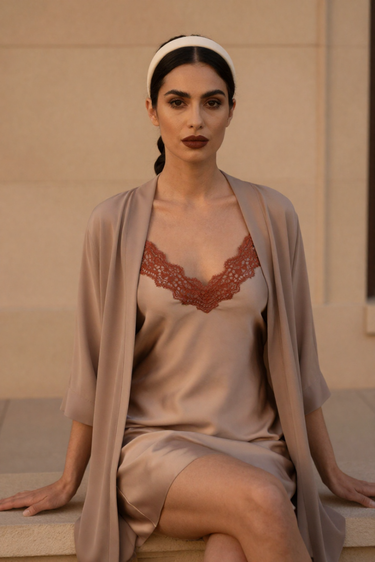 HuarenUsa muse in a sand silk slip dress seated on a stone ledge